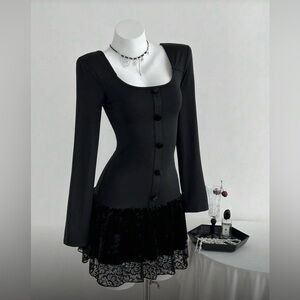 NEW SIMPLE GOTH VELVET LACE TRIM DRESS